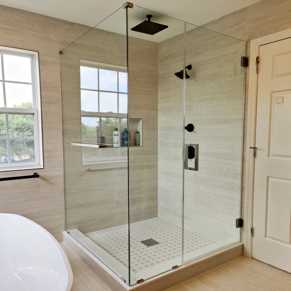 Frameless Shower Doors in Central NJ Corner Frameless Shower Door with wall mounted hinges